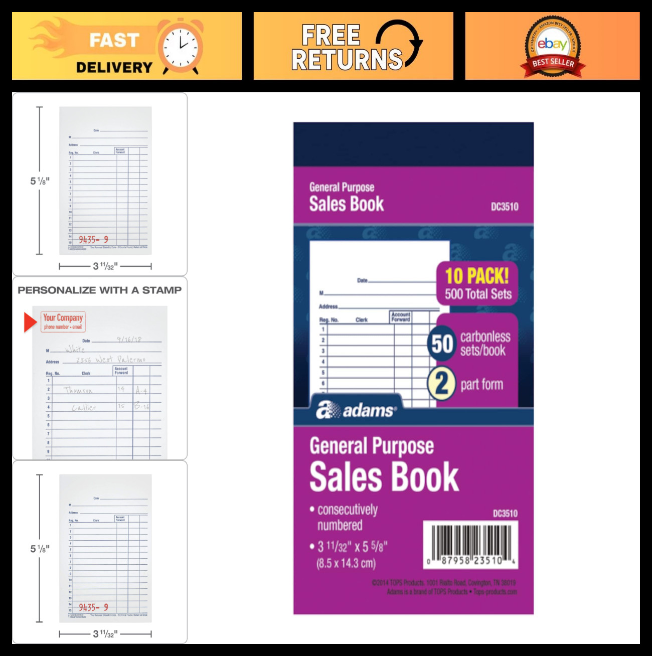 Carbonless Sales Book, 2-Part, White/Canary, 50 Sets, 10 Pack, 3-11/32″x5-5/8