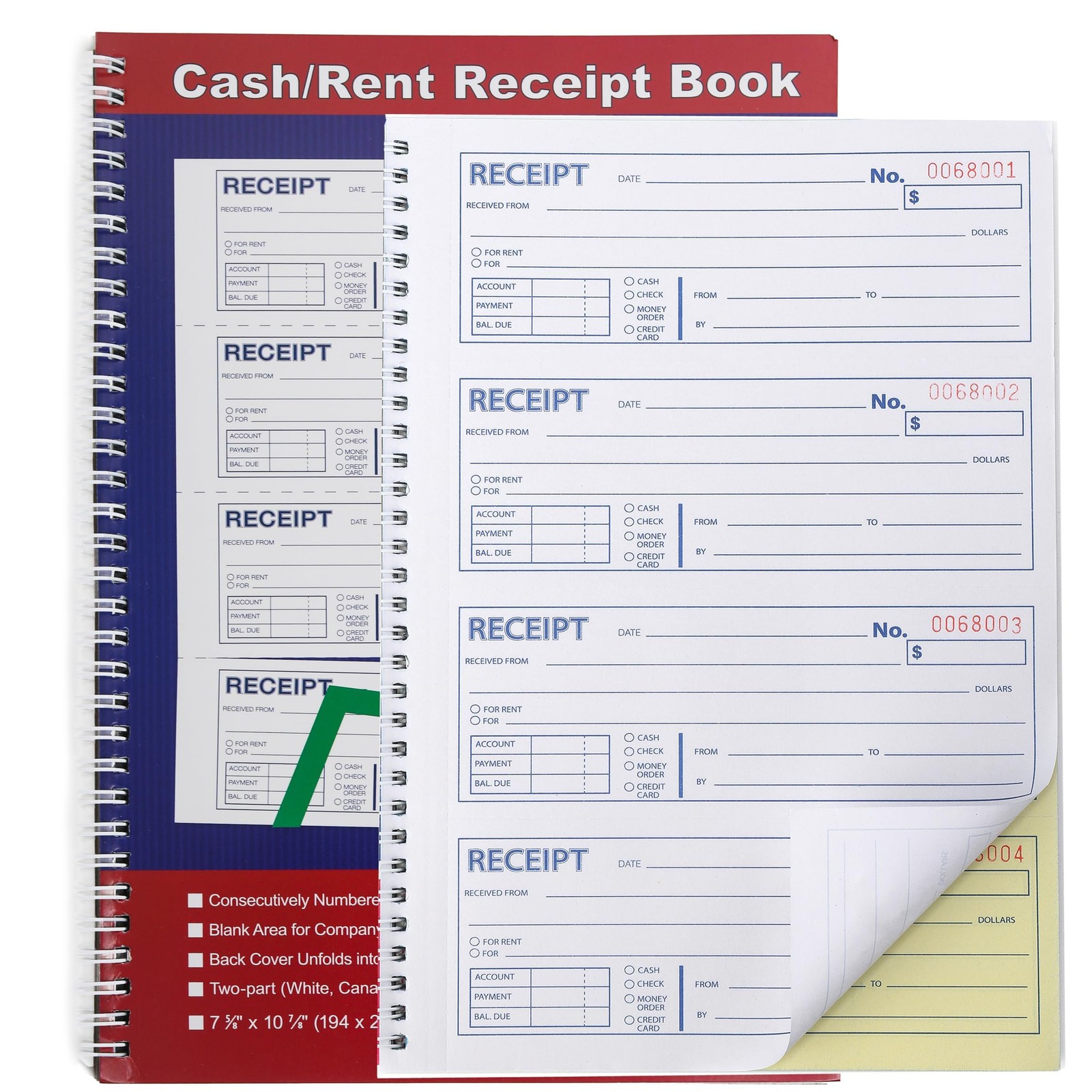 Money and Rent Receipt Book 2-Part Carbonless 7-5/8″x11″ Spiral Bound 200 Sets