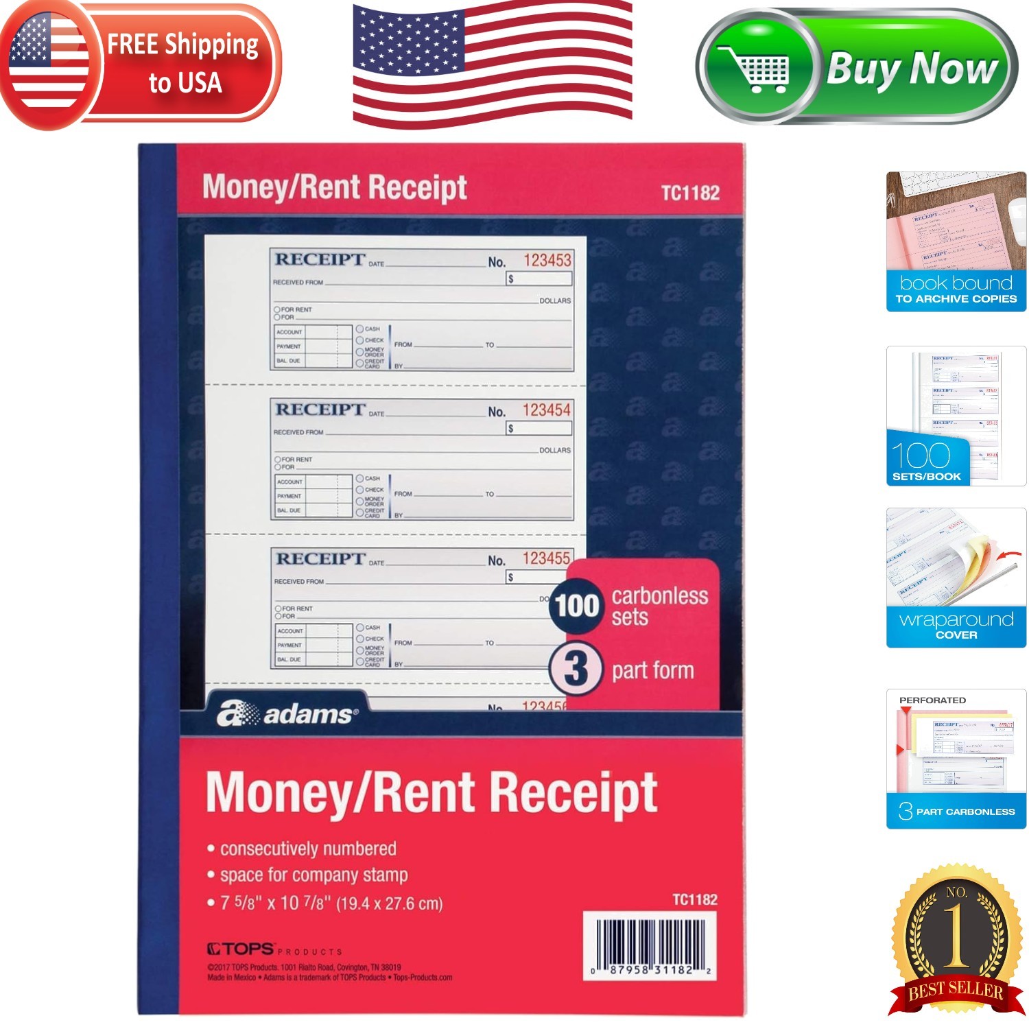Efficient Money and Rent Receipt Book, Carbonless, Personalization Space, 7-5/8″