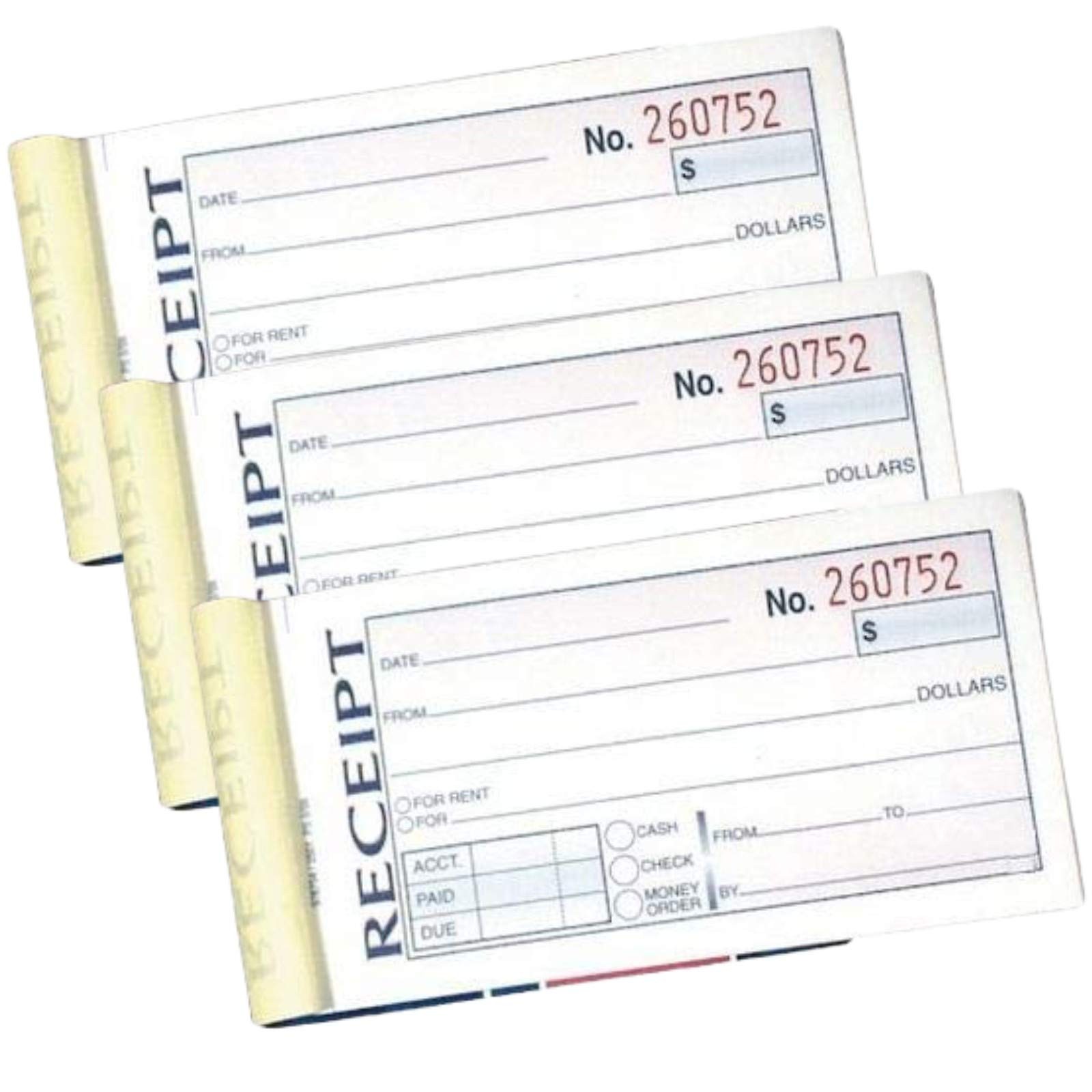 3 Books Money And Rent Receipt 2-3/4 x 5-3/8 Inches 2-Parts Carbonless White