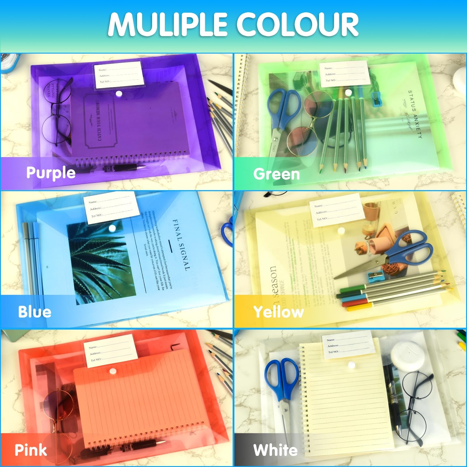 NACHLYNN 18 Pack Plastic Envelopes Folders with 18 pcs, Multicolor