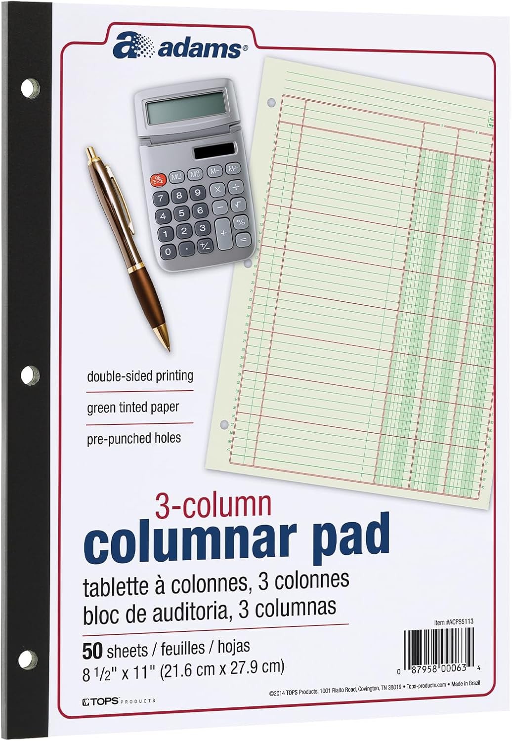 Adams Columnar Analysis Pad, 3 Column, 8 1/2 X 11, Single Page Format, Green