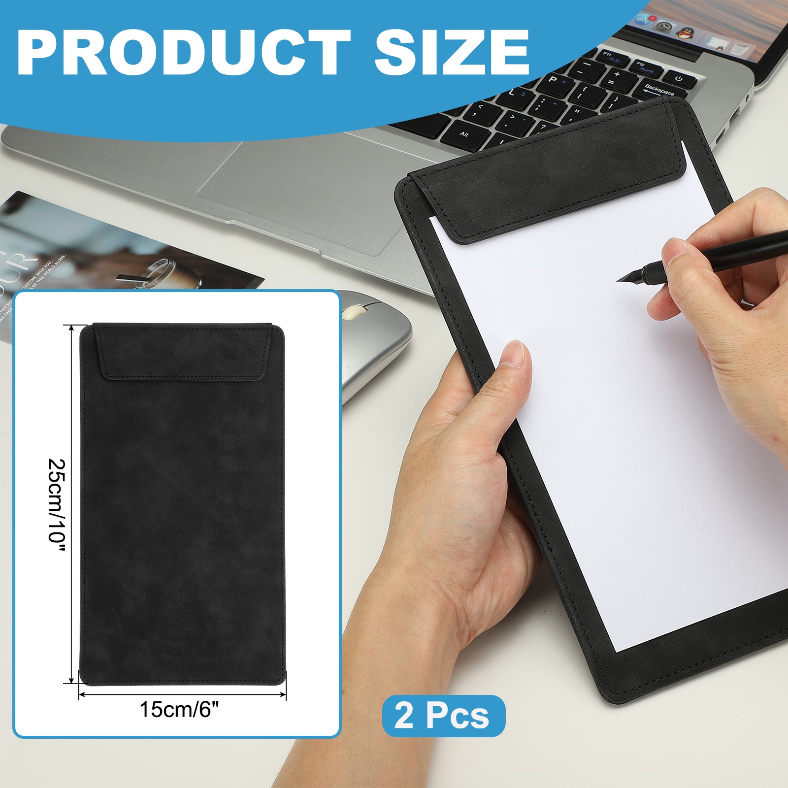 2 Pack Mini Clipboard 10″ x 6″ Leather Small Clipboard with Pen Holder Black