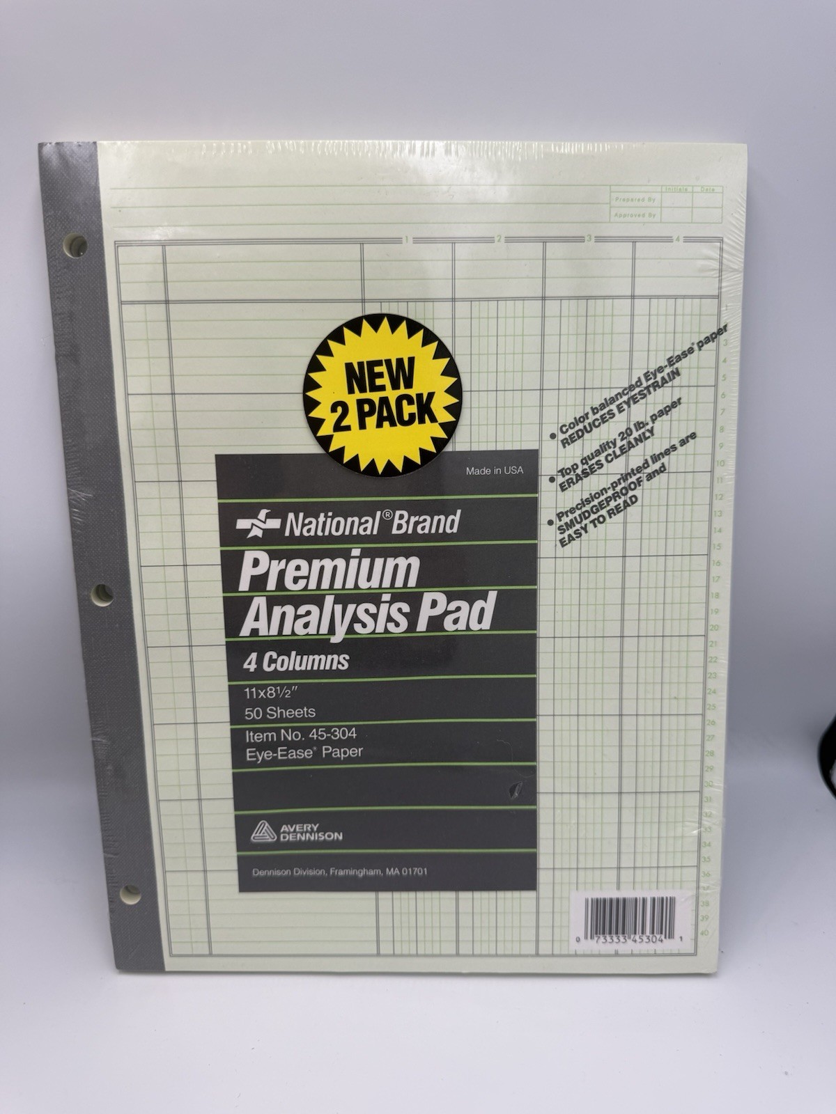 Avery National Brand Premium Analysis Pads 4 Column 11 x 8.5in 45-302 New 2 Pack