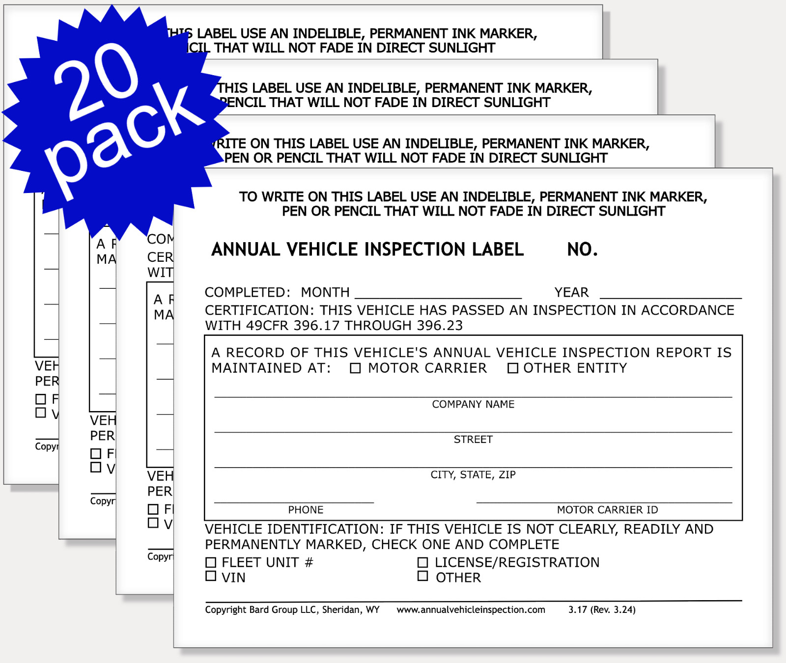 Annual Vehicle Inspection Label 2-Ply Laminated Sticker. 20-PACK. Not numbered.