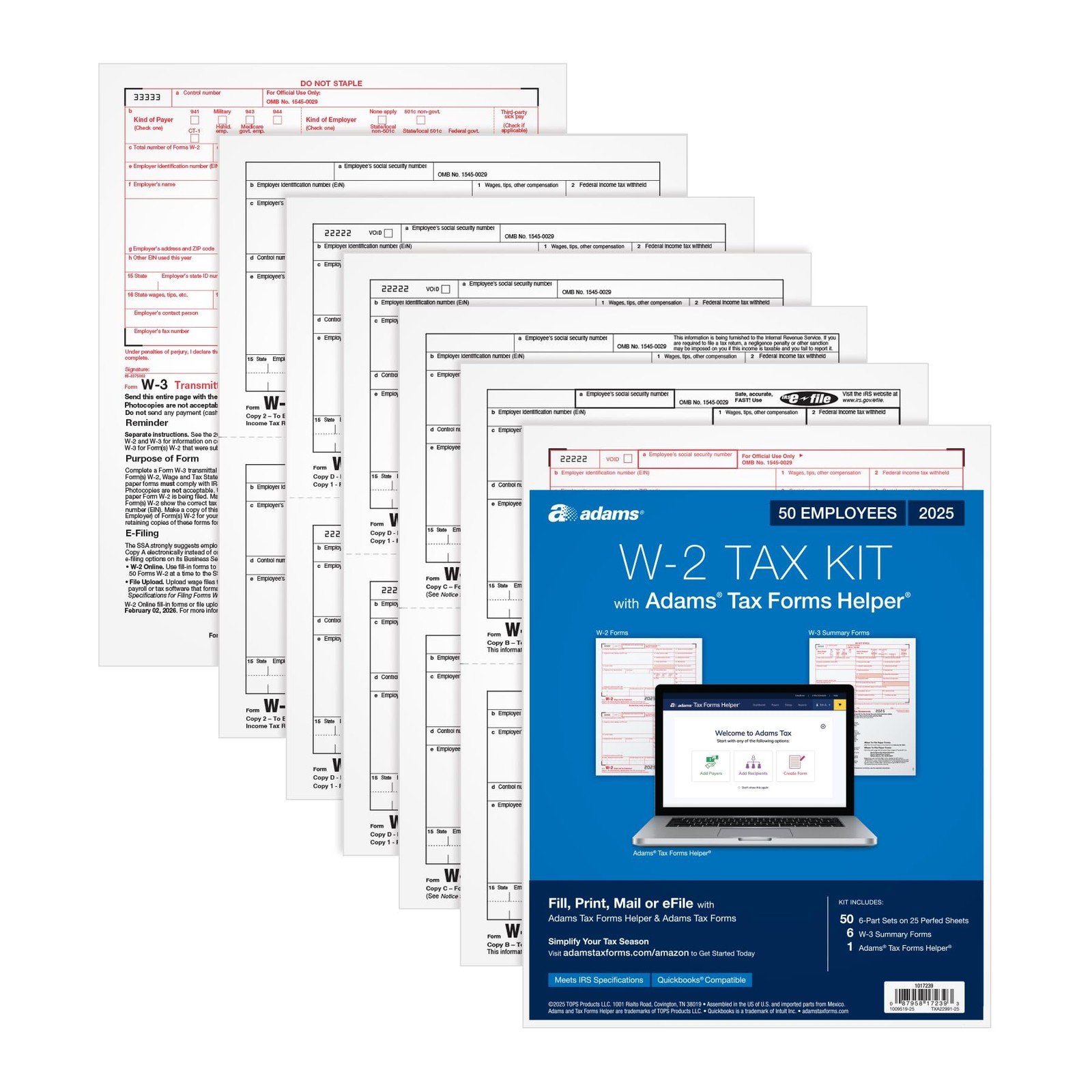 Adams W-2 Forms 2025, 6-Part Kit for 50 Recipients, Includes 6 W-3 Forms,…
