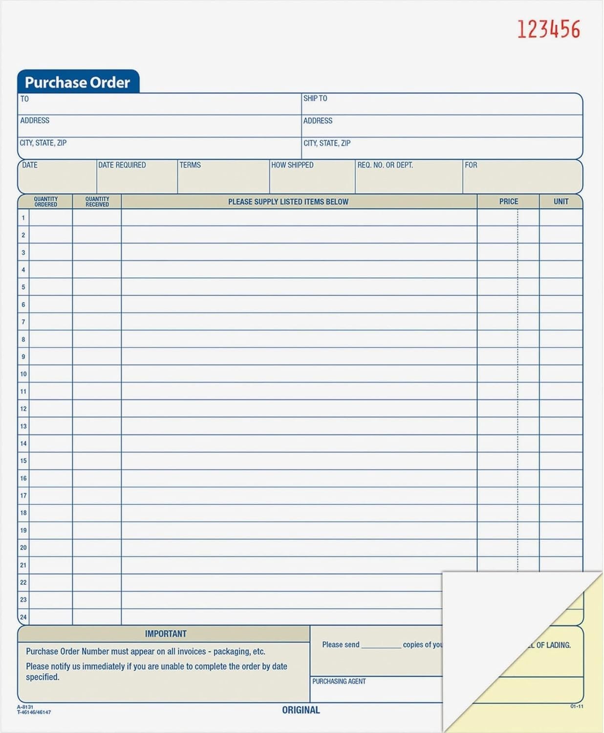 Adams Purchase Order Book, Carbonless, White/Canary, 2-Part, 8-3/8 x 10-11/16 In