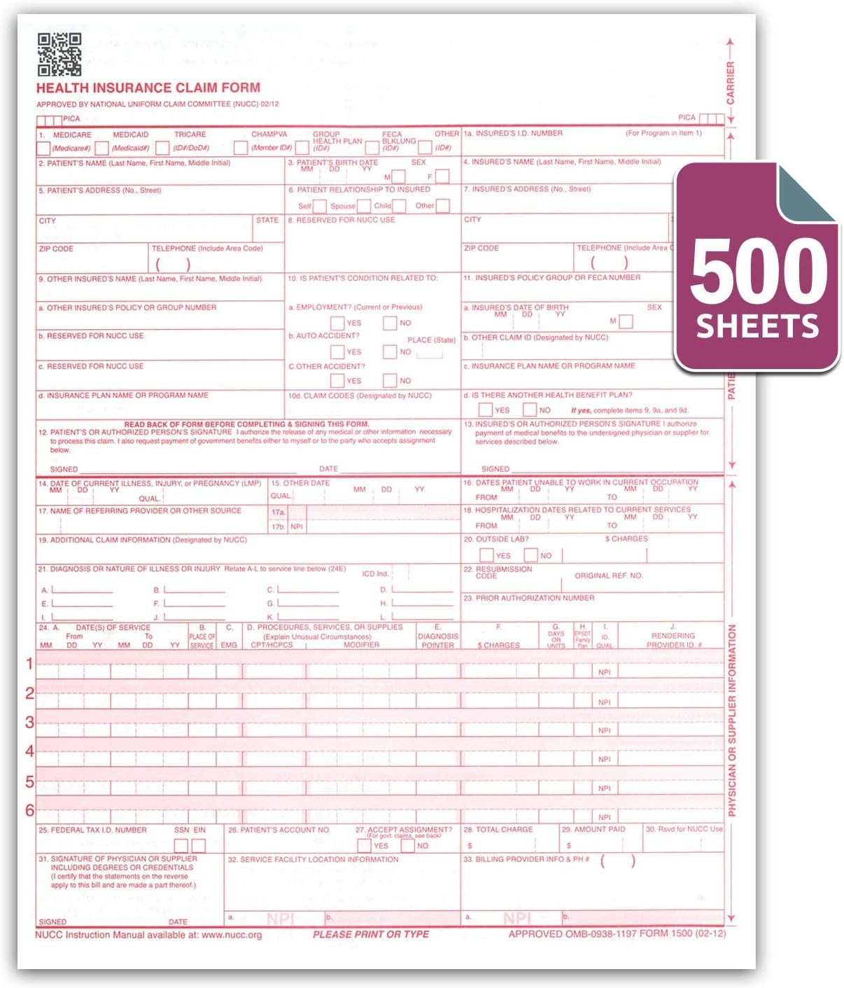 CMS 1500 / HCFA 1500 Insurance Claim Forms – Laser/Ink-Jet Compatible New Ver…