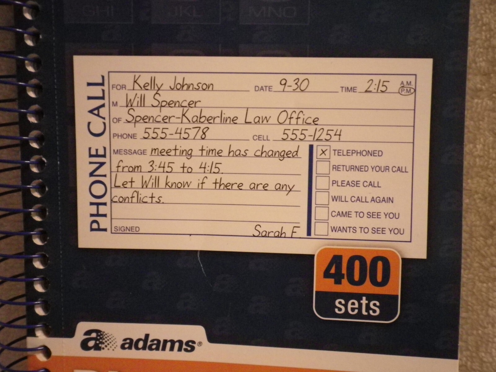 Adams Phone Message Book Carbonless Duplicate 5.50 x 11 Inches- 390
