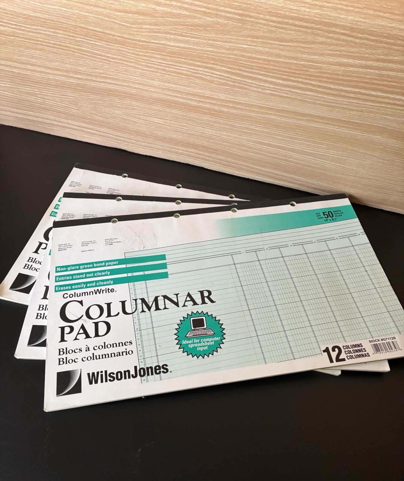 Set of 3 Wilson Jones G7112B Columnar Ruled Pad 12 Column 50 Sheet 14 x 8.5 NOS