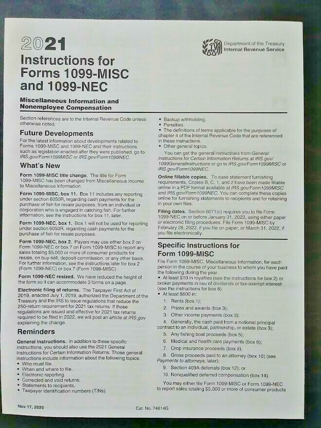 2021: 5 SHEETS 1099-MISC IRS Miscellaneous Income Tax & 3=1096 Transmittal Forms