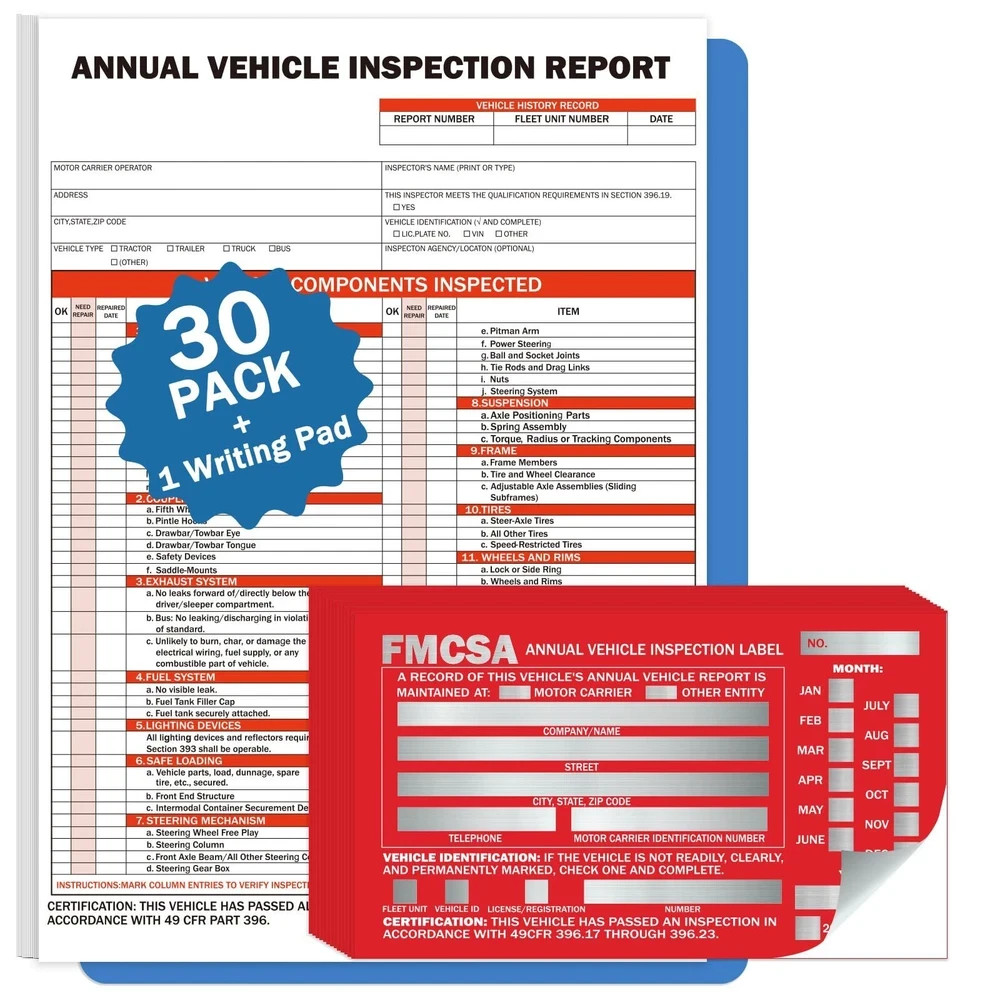 30Pack DOT Annual Vehicle Inspection Forms and Stickers,30-Pk 3-Ply Vehicle Insp