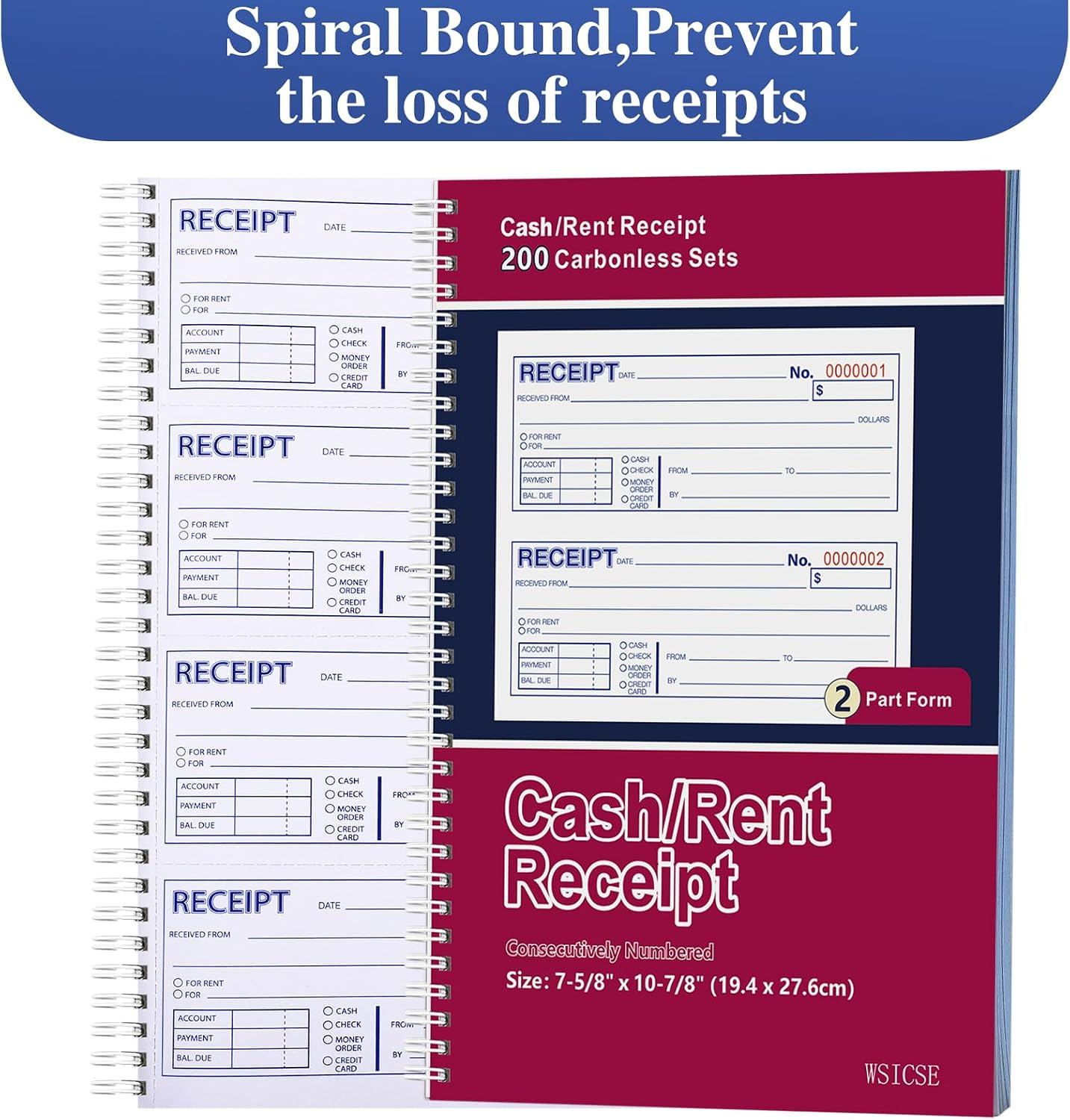 Receipt Books with Carbon Copies, Rent Receipt Book, 2-Part Carbonless, 7-5/8″ X