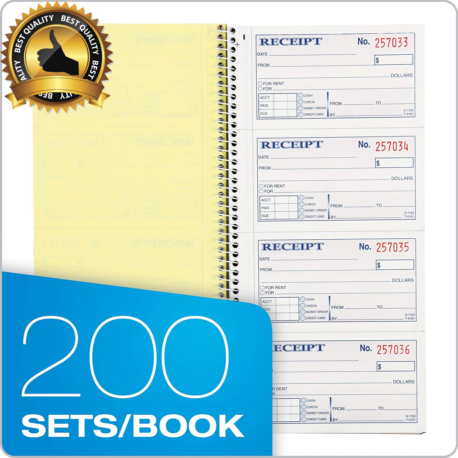 Money and Rent Receipt Book, 2-Part Carbonless, 5-1/4″ X 11″, Spiral Bound, 200