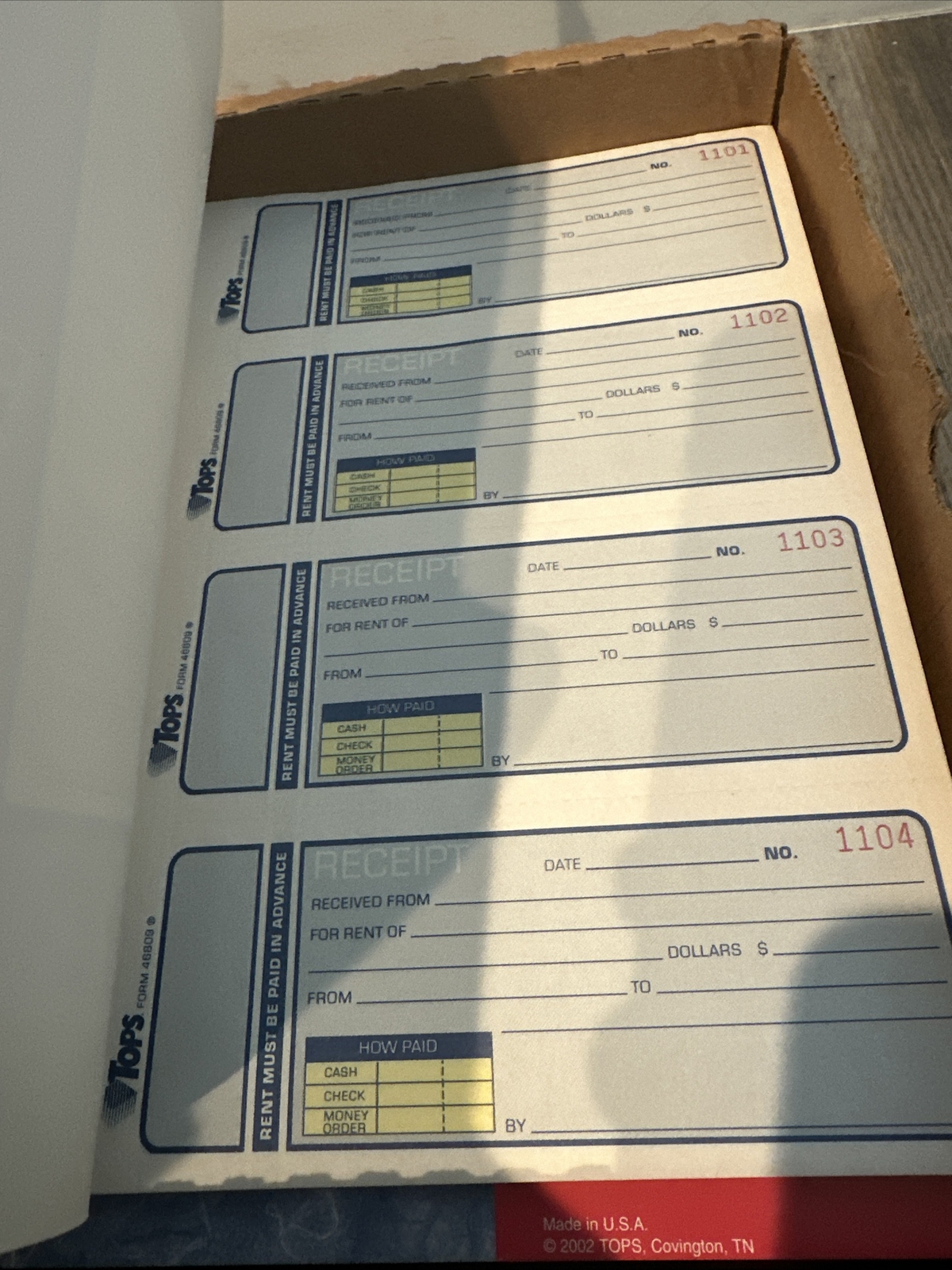 9 TOPS Rent Receipt Books, 2-3/4 x 7-1/8”Carbonless 3Part, 100 Sets/Book”