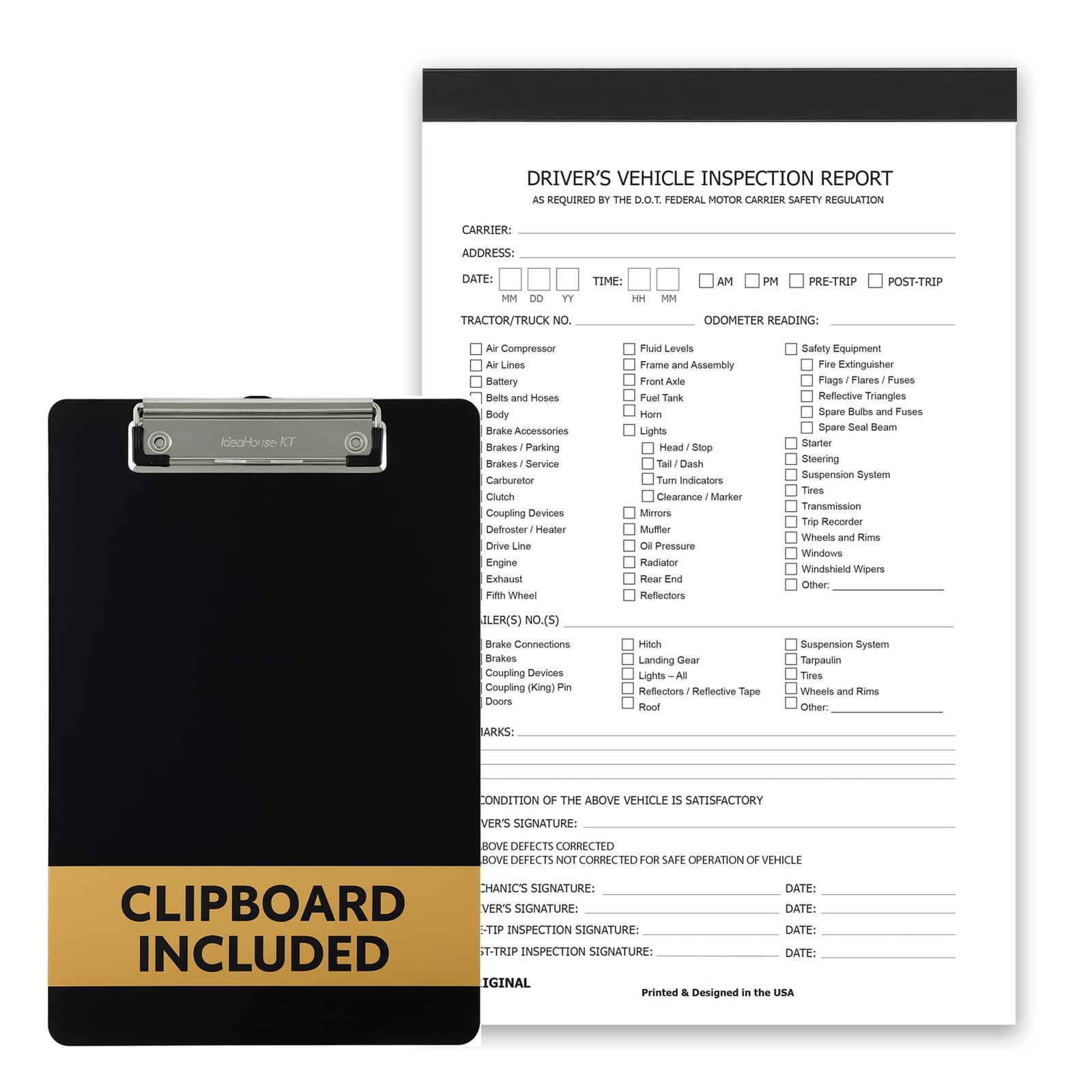 Driver Vehicle Inspection Report Book with Clipboard – 2-Ply Carbonless DVIR …
