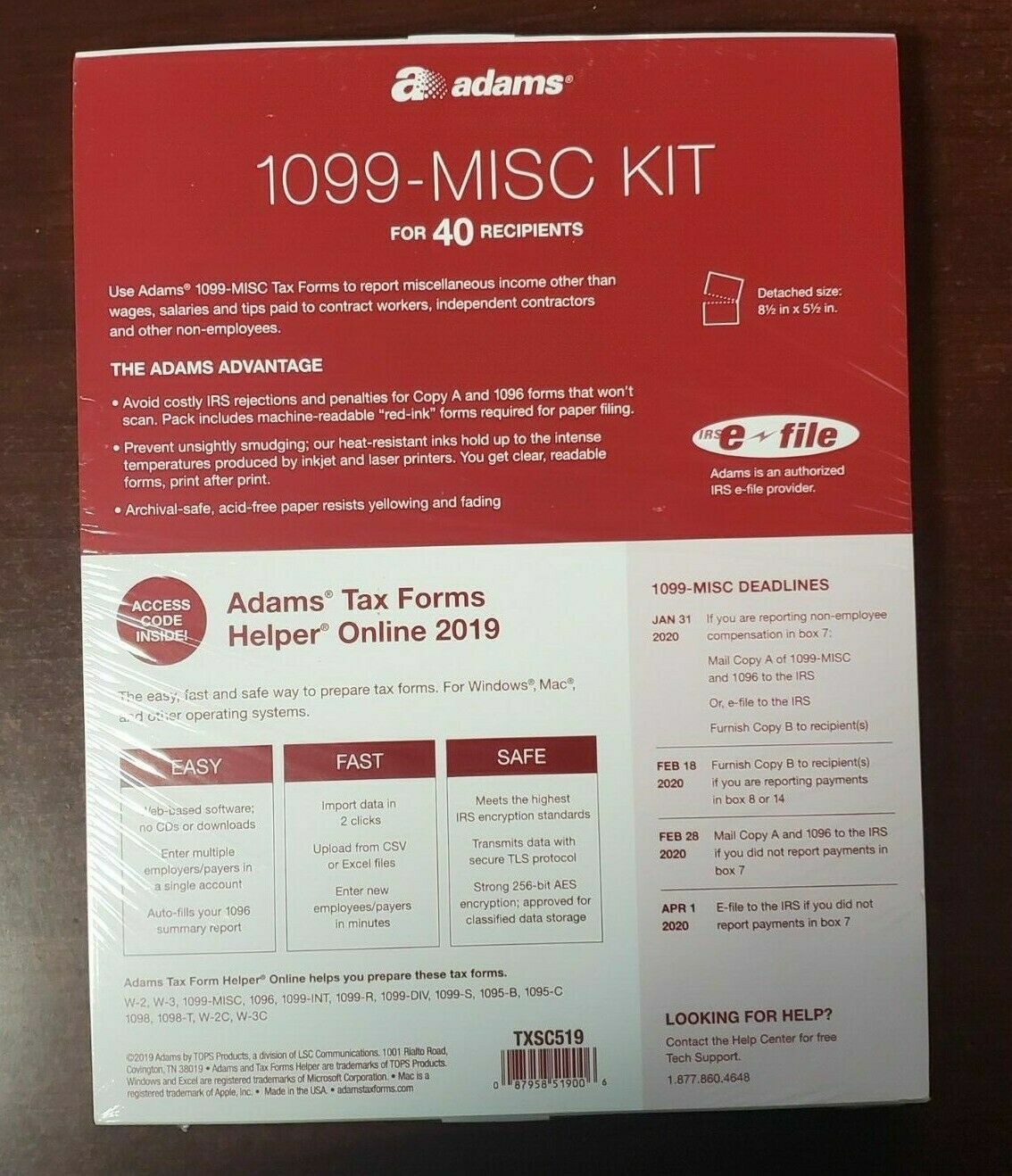2019 40 RECIPIENT VENDOR ADAMS 1099-MISC IRS TAX FORM KIT LASER INKJET 1099 1096