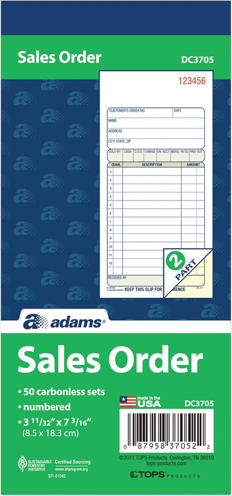 Sales Order Book, 2-Part, Carbonless, White/Canary, 3-11/32 X 7-3/16 Inches, 50
