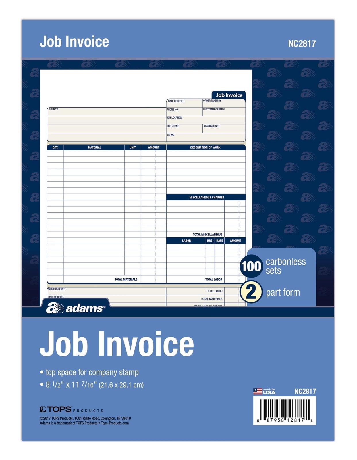 Adams Job Invoice Forms, 2-Part Carbonless, for Service and Repair Billing, 100