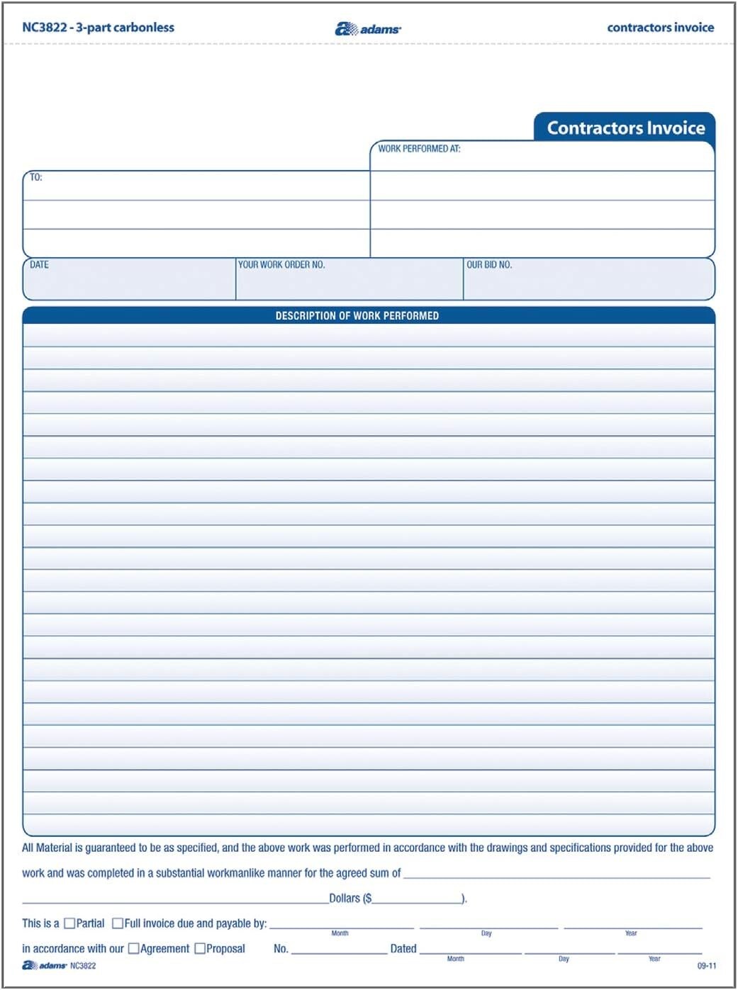 Adams Contractor Invoice Forms 8.5 x 11.44 Inch 3 Part Carbonless 100 Pack White