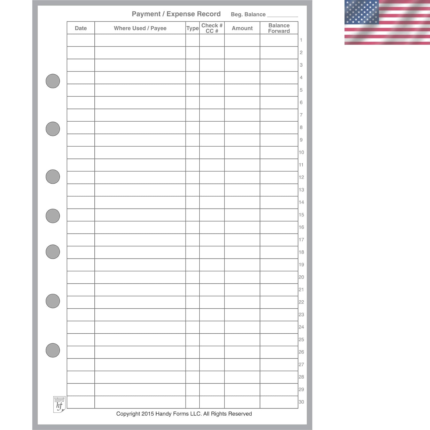 Classic Size Payment/Expense Record and Check Register, Sized and Punched wit…
