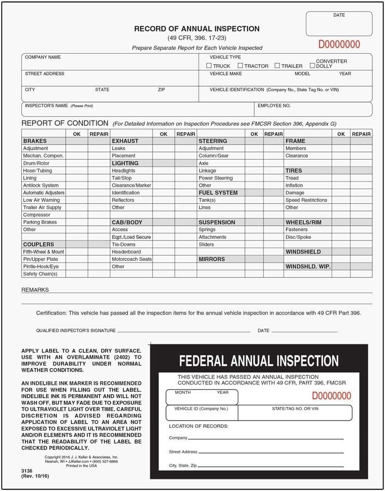 Annual Inspection Form with Decal – 50-Pack, DOT Compliant, 2-Ply Carbonless