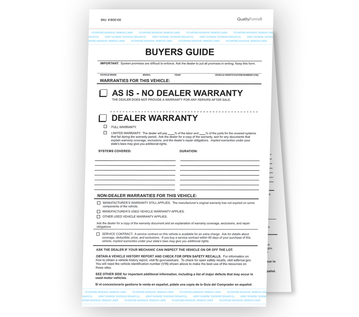 2-Part Federal Buyers Guide Waranty Form, Adhesive Tape, English – 200 pack