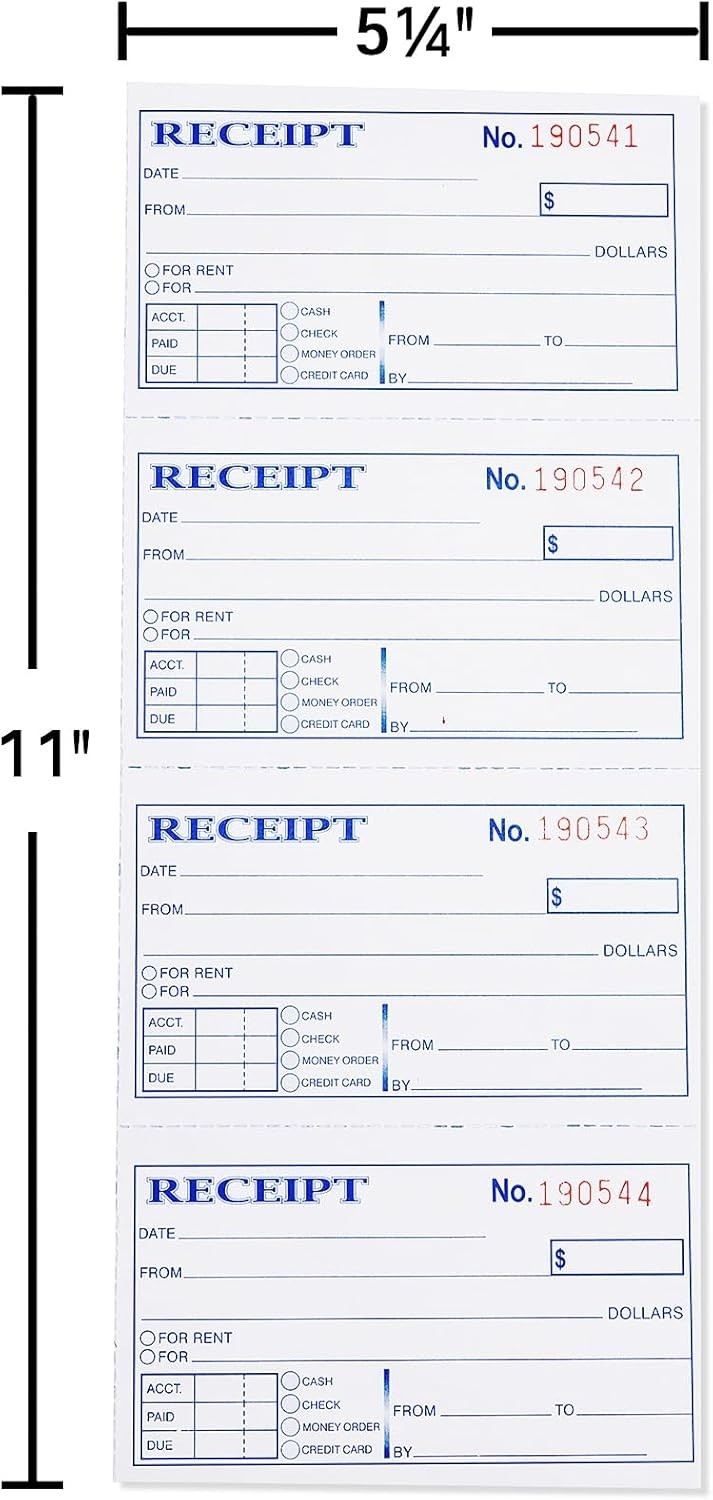 Receipt Book with Carbon Copies, 2-Part carbonless, 100 Sets per Book,4 Receipts