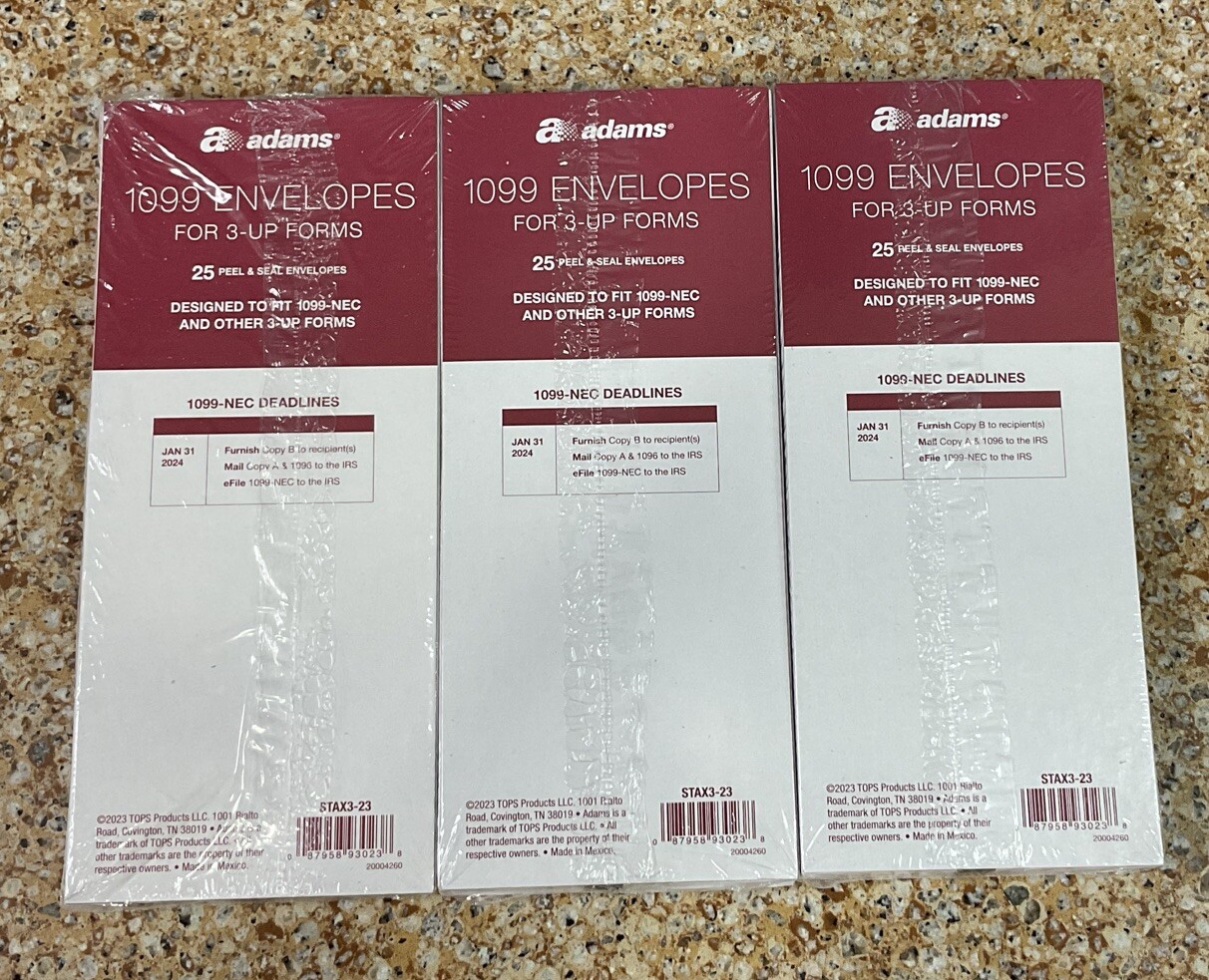 Adams 1099 Envelopes For 3-Up Forms Double Window Peel & Seal 3 Pkgs 75 Total