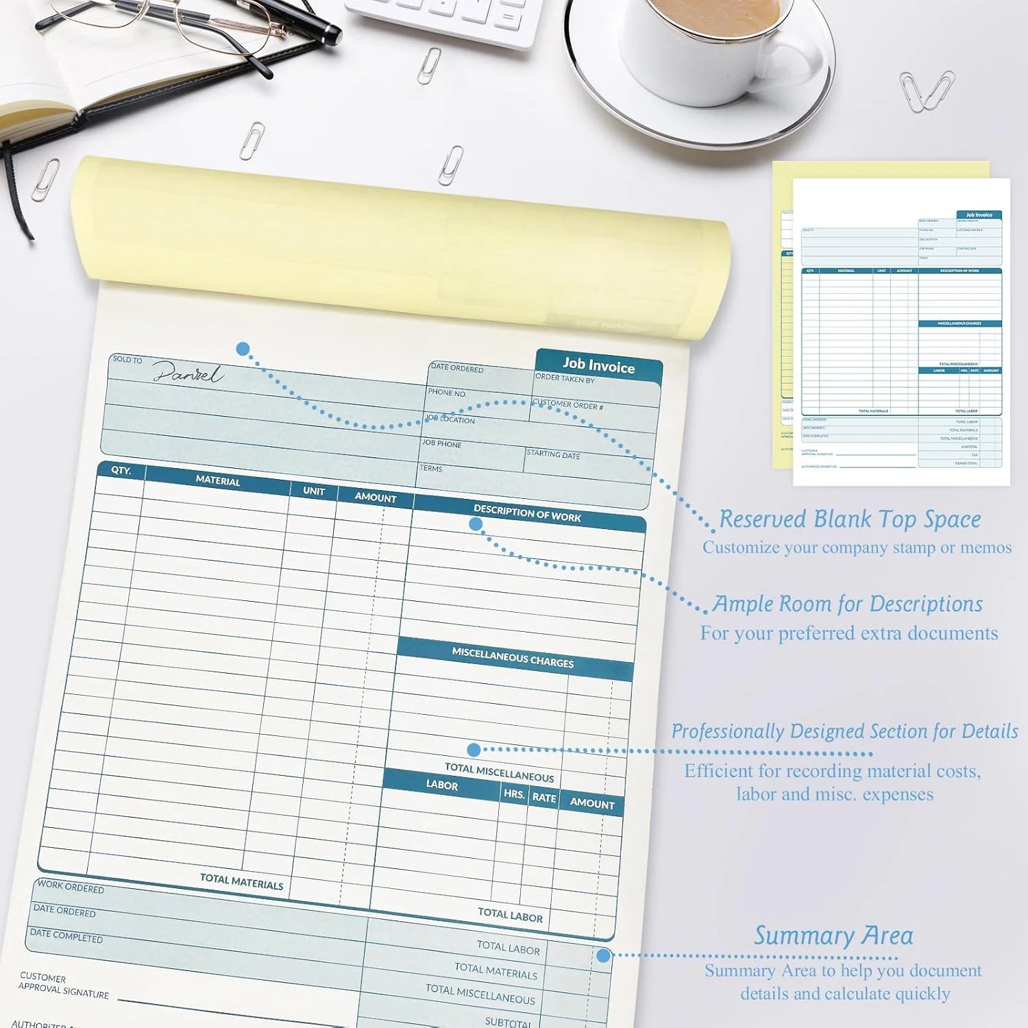 Large Job Work Order Forms, Job Invoice Forms/Receipt Book with Carbonless Co…