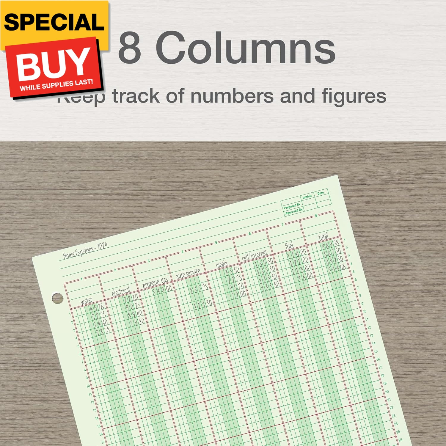 Columnar Analysis Pad, 8 Column Ledger, 8.5″ x 11″, 100 Pages (50 Sheets), Green