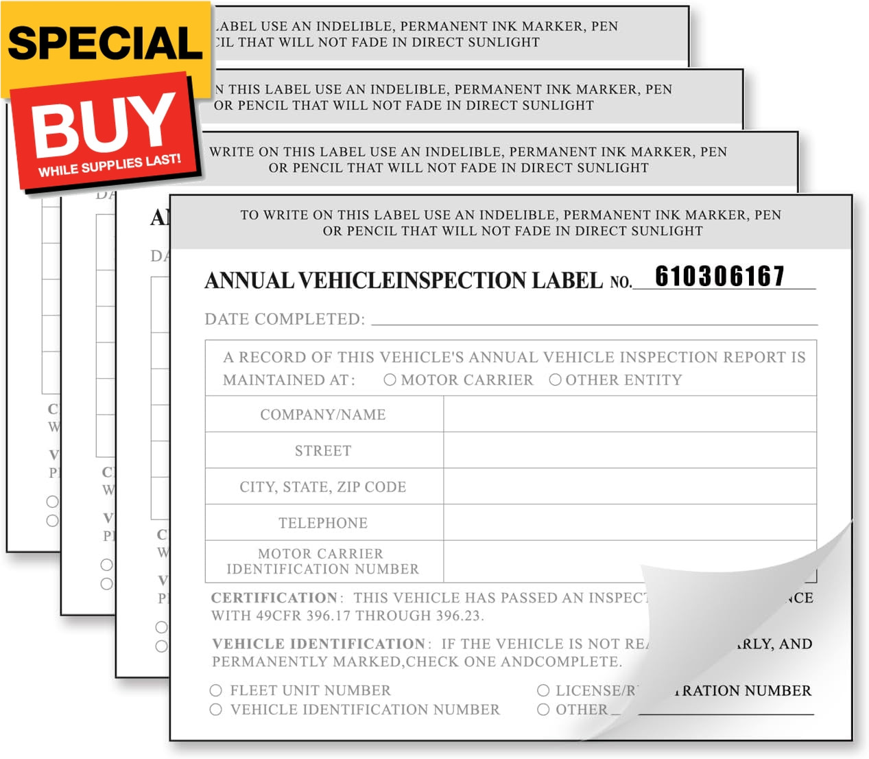 Annual Vehicle Inspection Report Form 25-pk 3-Ply Carbonless, 8.5″ x 11.75″ + 2-