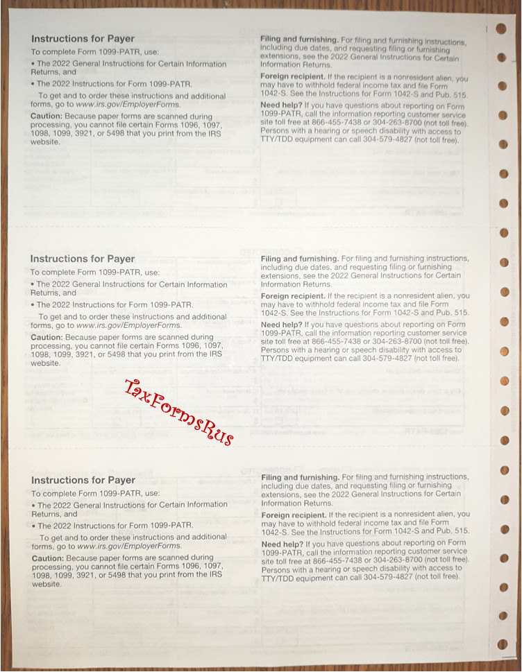2022 IRS Tax Form 1099-PATR single sheet set for 3 recipients, carbonless 3-part
