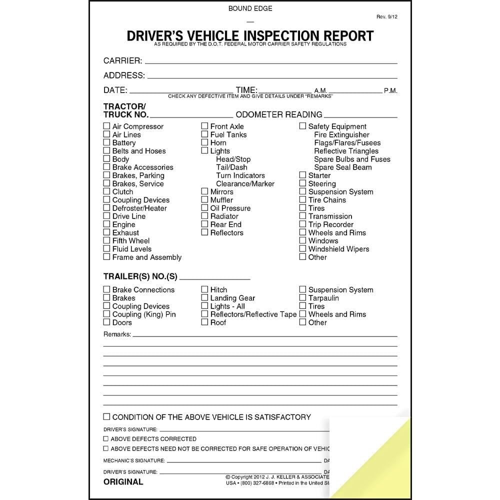 Vehicle Inspection Report 25-Pack – Carbonless, 2-Ply, 5.5″x8.5″, FMCSR Complian