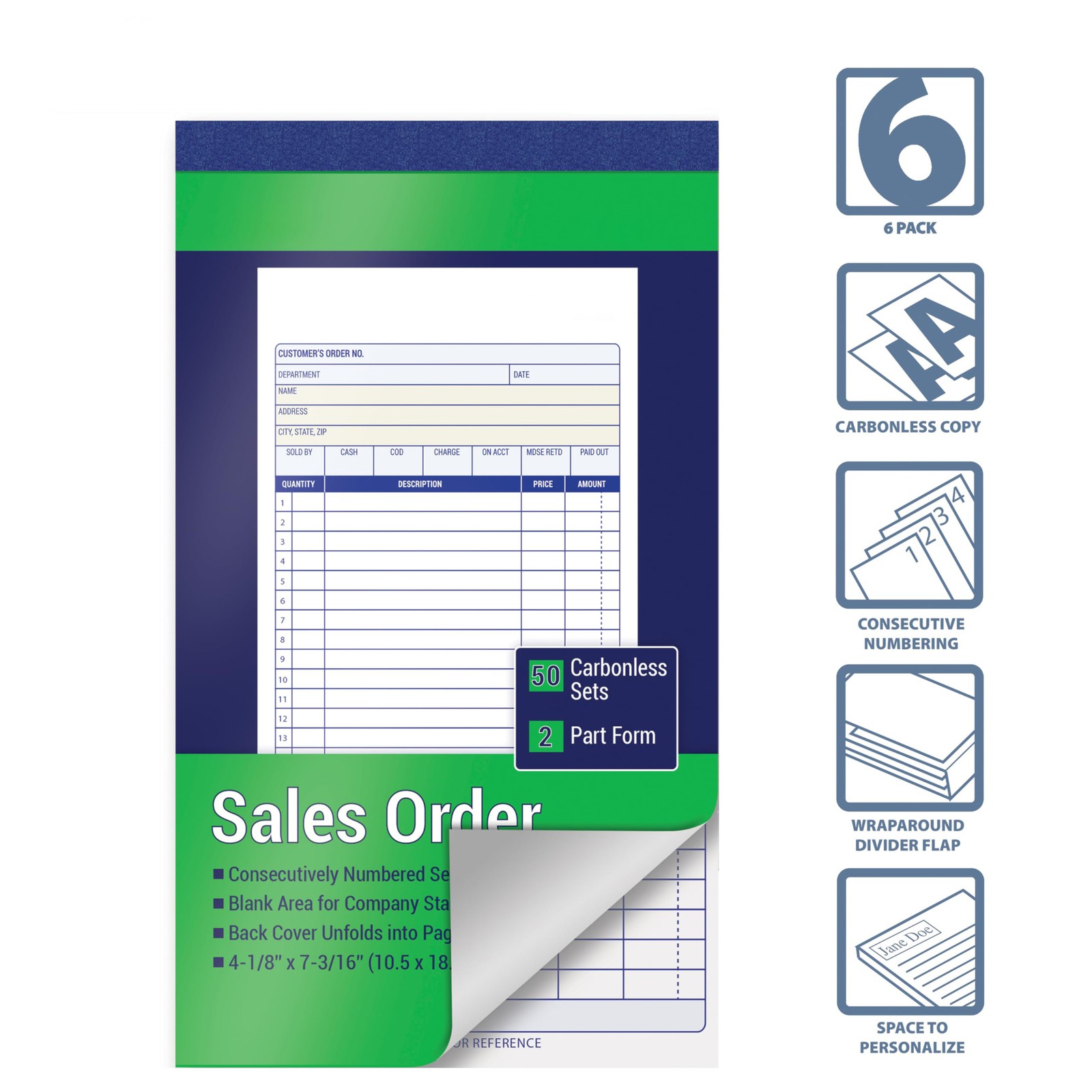Carbonless Order Book 6 Pack, 2 Part, 50 Sets, 4×7 Inch, White Yellow, Green
