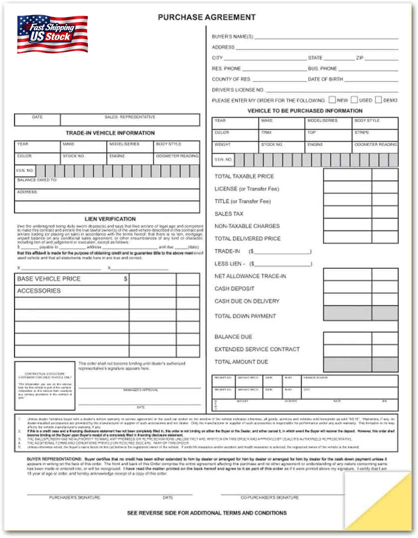 Vehicle Purchase Agreement Forms (2-Part) (100 per Pack)