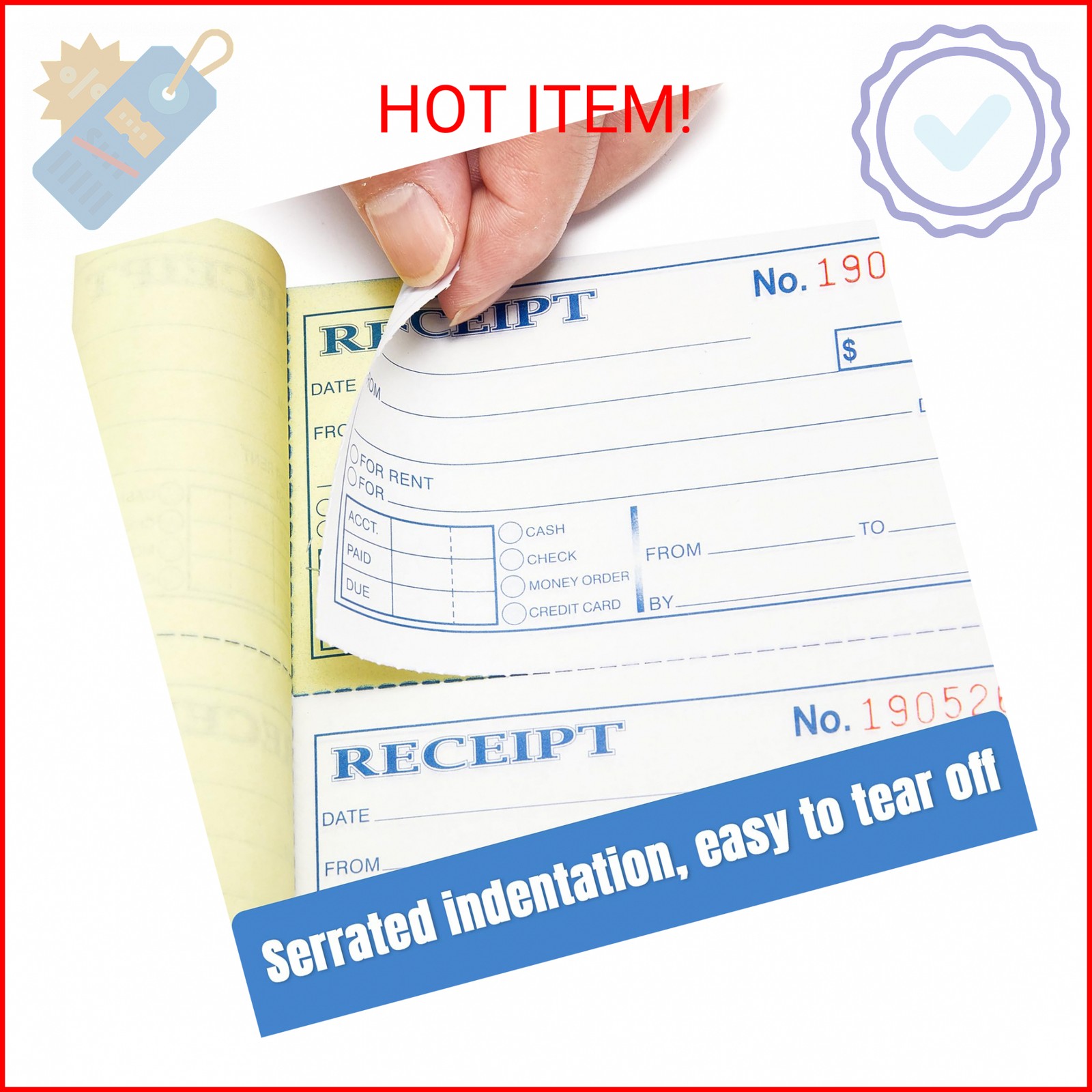 Receipt Book with Carbon Copies, 2-Part carbonless, 100 Sets per Book, 4 Receipt