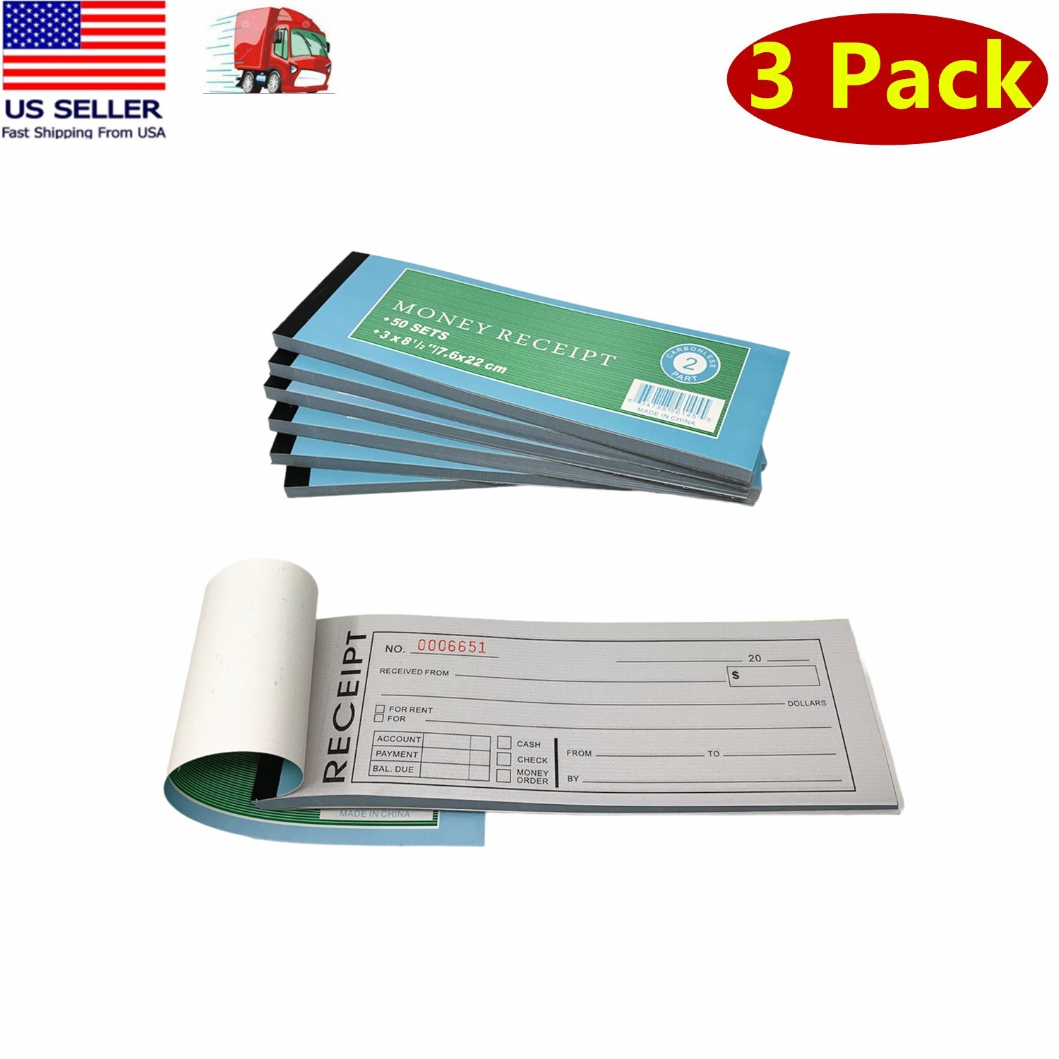 3x Carbonless Cash Money Rent receipt record book 2 part 50 sets duplicate copy