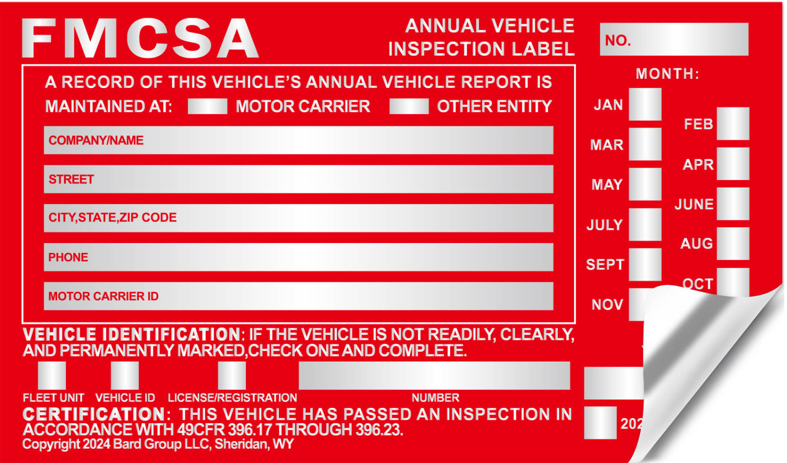 Annual Vehicle Inspection Label Sticker Aluminum FMCSA DOT 6″ x 3.5″. 60-PACK.