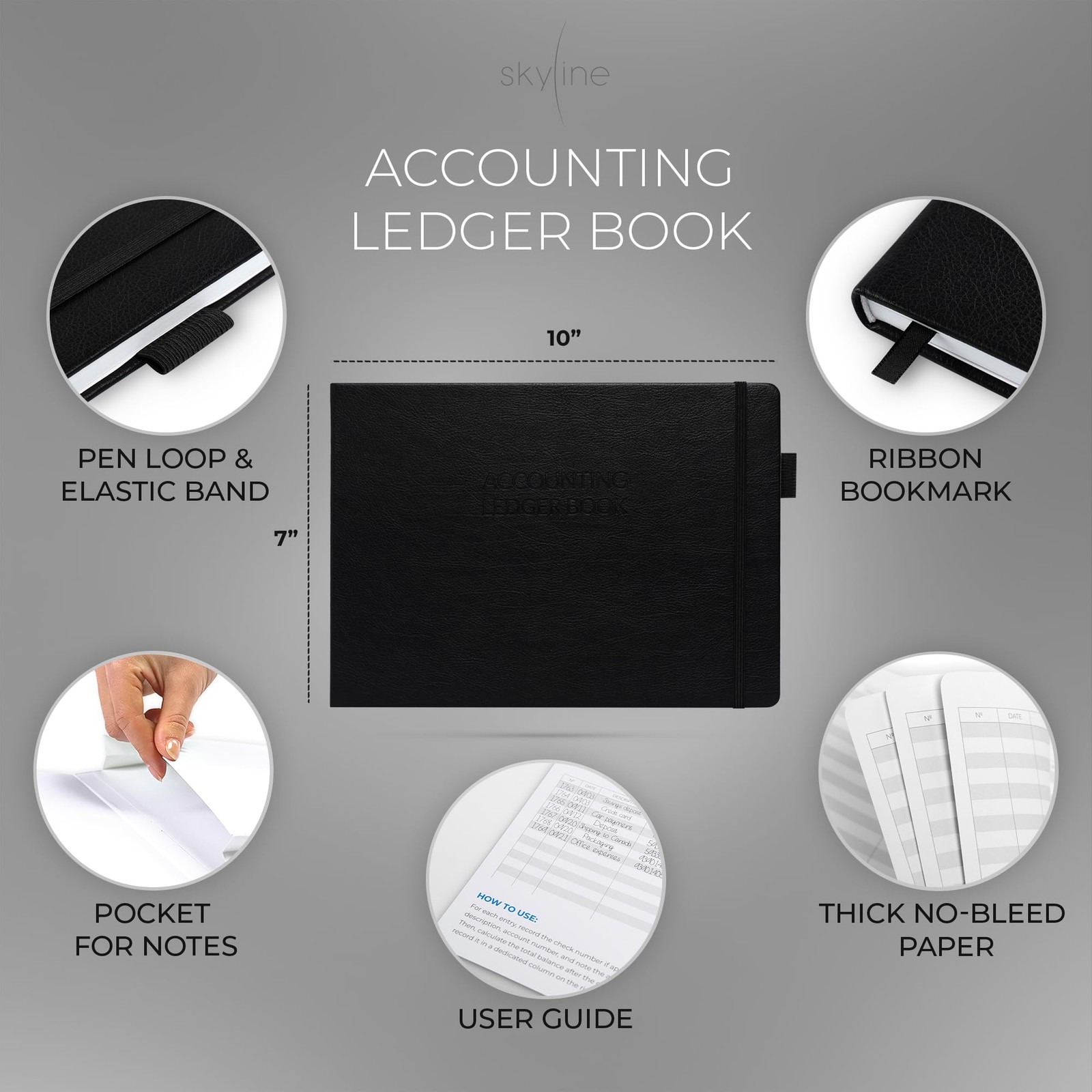 Skyline Accounting Ledger Horizontal – Smaller Than A4 (10″ x 7”), Black