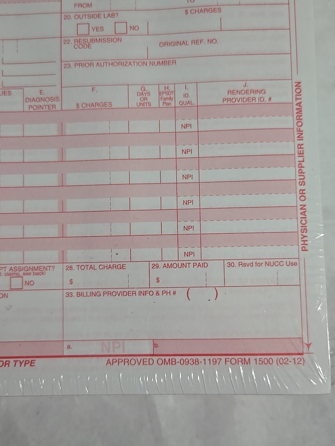CMS 1500 HCFA Health Insurance Claim Forms (Version 02/12) 500 Forms SEALED NEW