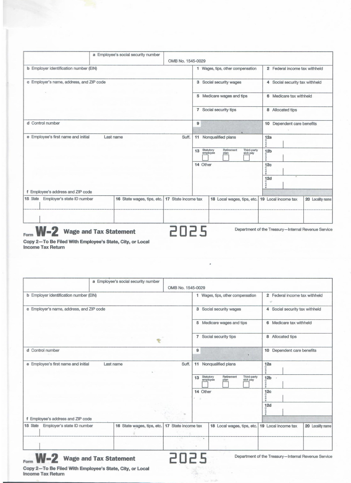 2025 W2 -5 Forms for 2 employees per Form of Wage and Tax Statement