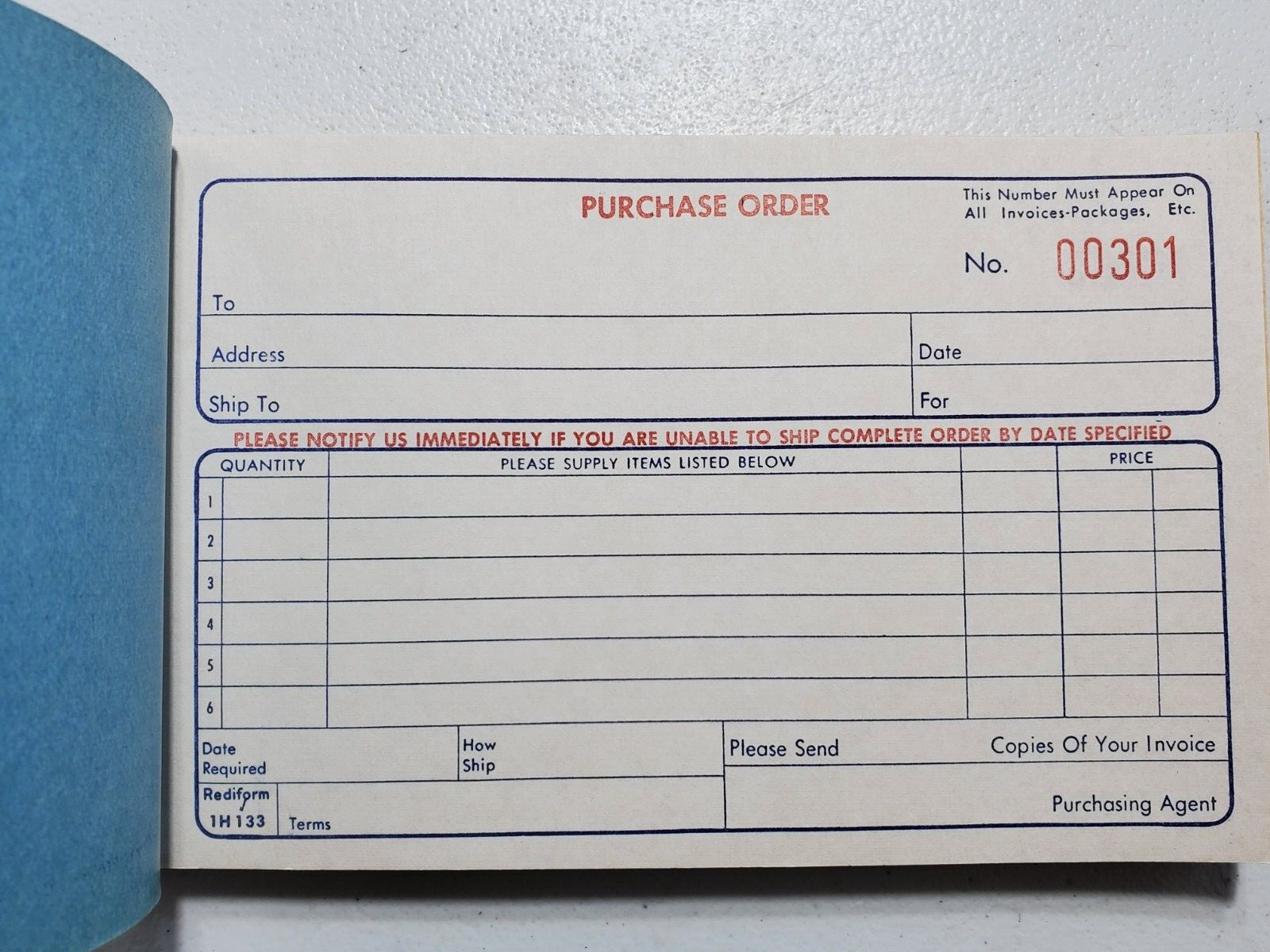 Vintage Purchase Order Triplicate Rediform Stock 1 H 133