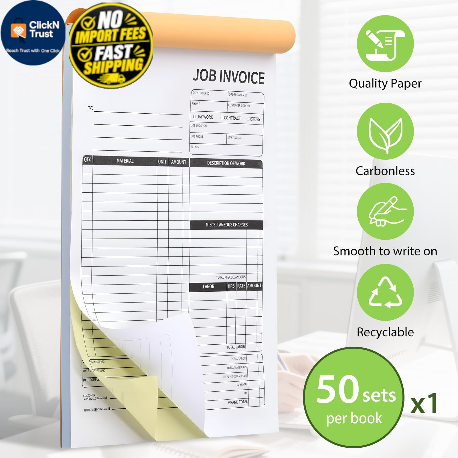 Carbonless Work Order Forms & 7.5 x 11 Inches Invoice Book, 50 x 11 inch