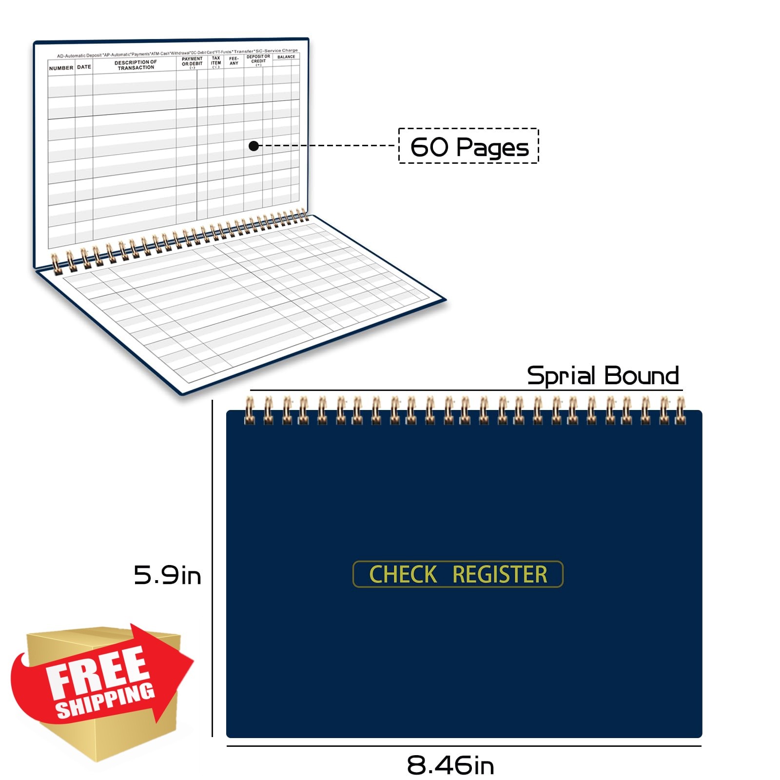 Dayvorax Check Register Blue Large Print Spiral