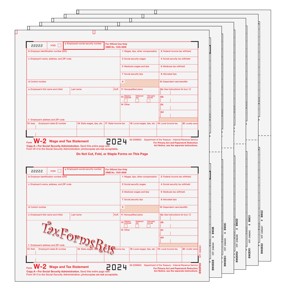2024 IRS Tax Form W-2 Wage Stmts 4 employees LASER + (1)W3 #W2TRADS605 – NO Env