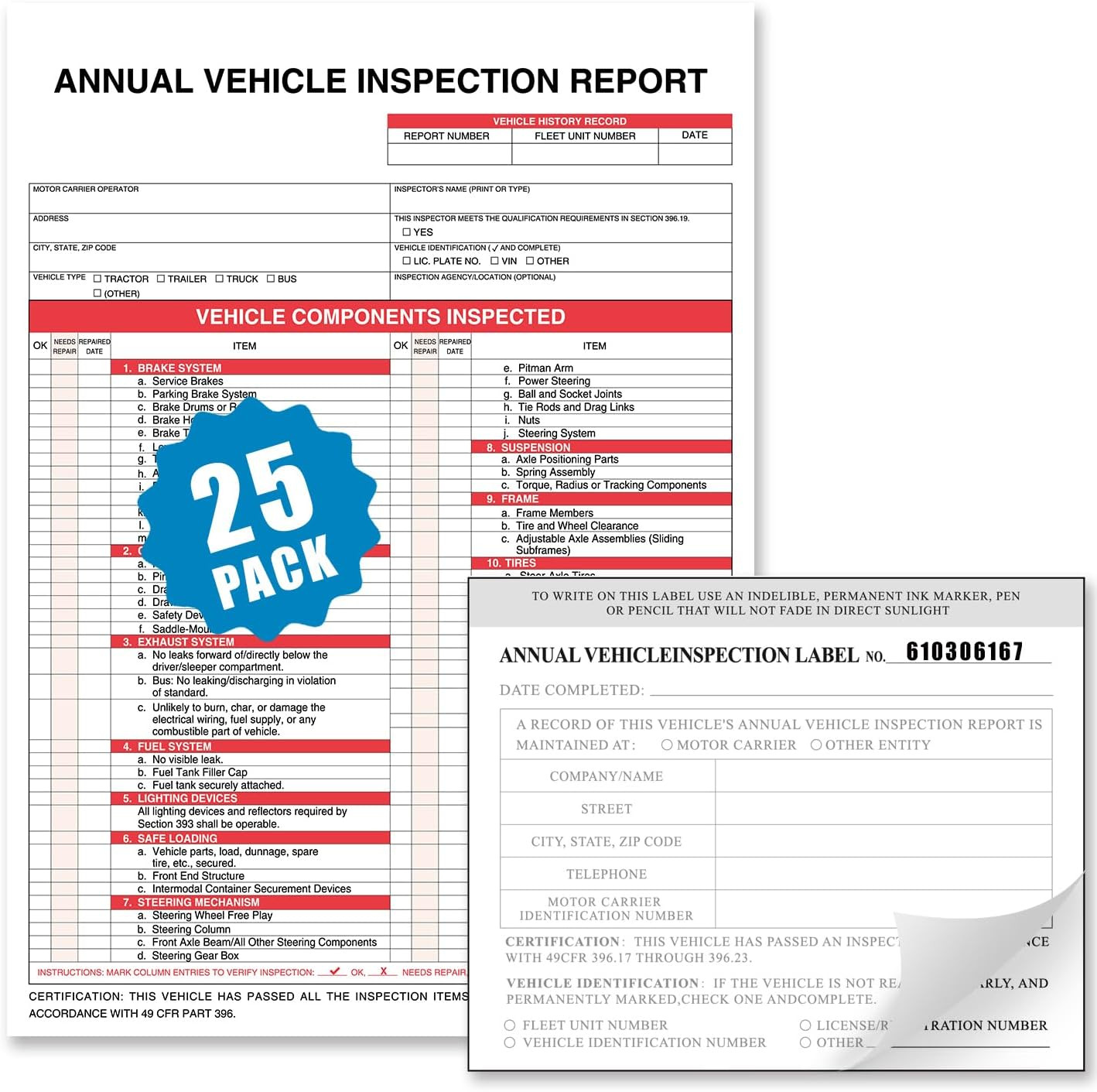 Annual Vehicle Inspection Report Form 25-Pk 3-Ply Carbonless, 8.5″ X 11.75″ +…