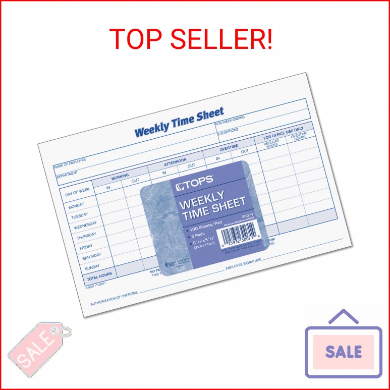 TOPS Weekly Time Sheets, One-Part (No Copies), 8.5 x 5.5, 50 Forms/Pad, 2 Pads/P
