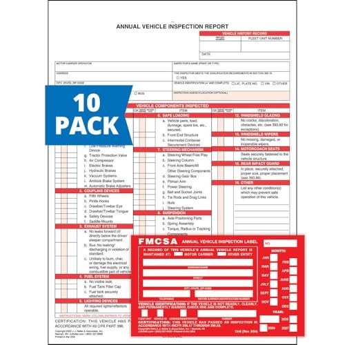 J. J. Keller 10-Pack, Annual Vehicle Inspection Report Form & Red FMCSA Label Al