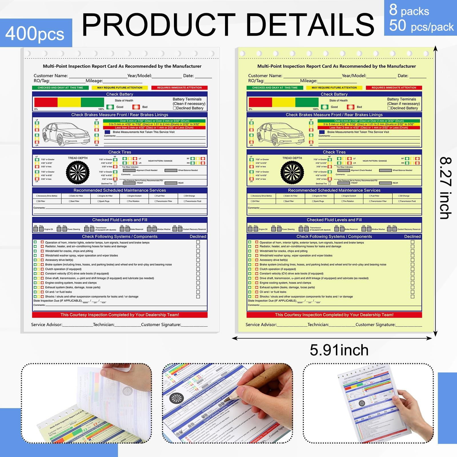 Vehicle Inspection Forms 400 Sets 5.91×8.27″ 2-ply Carbonless – Easy Tear Out